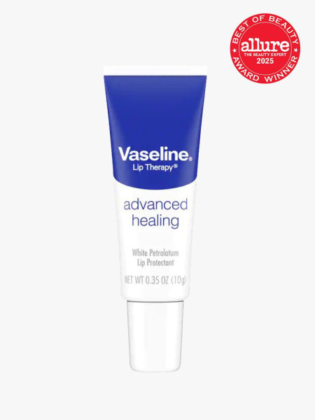 Vaseline Lip Therapy Advanced blue and white tube on light gray background with red Allure Best of Beauty seal in the top right corner