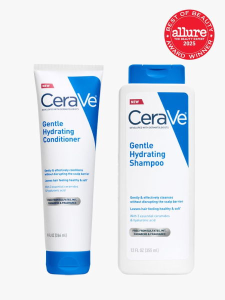 CeraVe Gentle Hydrating Shampoo and Conditioner set on light gray background with red Allure Best of Beauty seal in the top right corner