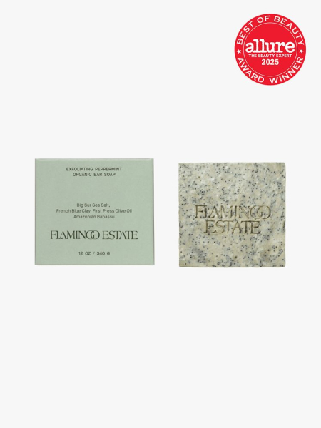 Exfoliating Peppermint Soap Brick next to branded light green box packaging on light gray background with red Allure Best of Beauty seal in the top right corner