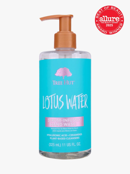 Tree Hut Lotus Water Serum-Infused Hand Wash in branded clear bottle with copper pump on light gray background with red Allure Best of Beauty seal in the top right corner
