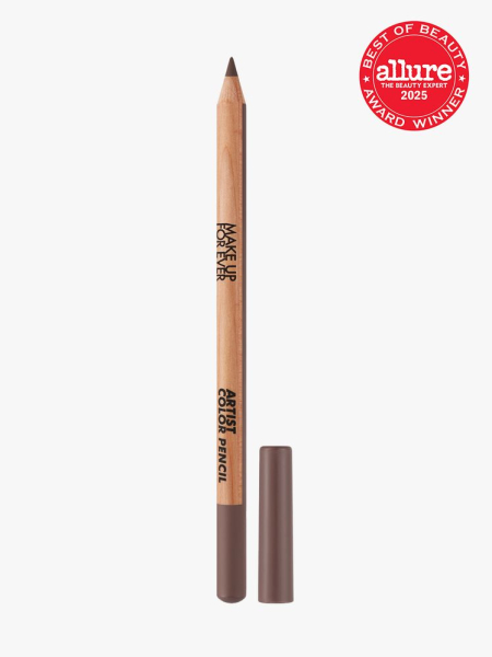 Make Up For Ever Artist Color Pencil next to cap on light gray background with red Allure Best of Beauty seal in the top right corner