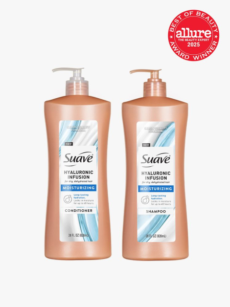 Suave Hyaluronic Infusion Moisturizing Shampoo & Conditioner two rose gold pump bottles on light gray background with red Allure Best of Beauty seal in the top right corner