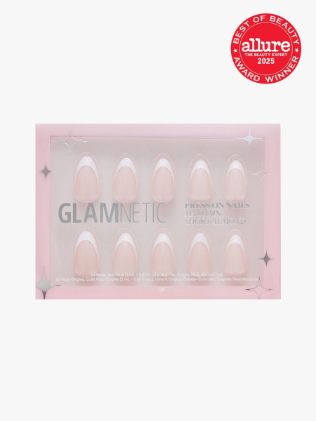 Ma Damn Press On Nails in branded pink box packaging on light gray background with red Allure Best of Beauty seal in the top right corner