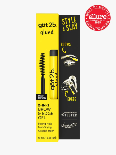 göt2b glued 2-in-1 Brow and Edge Gel in branded box packaging on light gray background with red Allure Best of Beauty seal in the top right corner