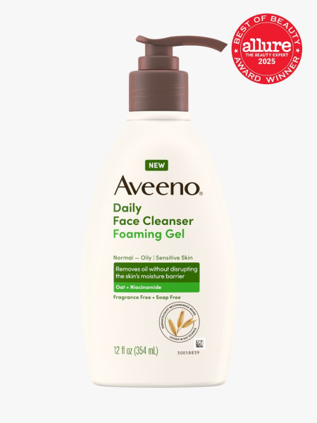 Aveeno Daily Face Cleanser Foaming Gel in branded white bottle with brown pump on light gray background with red Allure Best of Beauty seal in the top right corner
