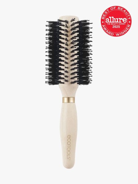 Better Brush by EcoTools Volumizing Round Brush in branded soft wood and black color way on light gray background with red Allure Best of Beauty seal in the top right corner