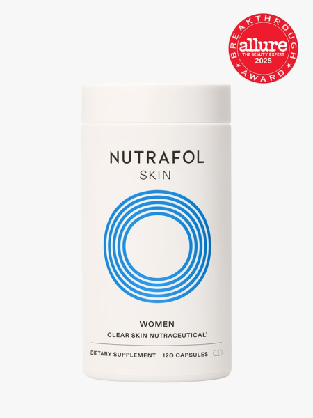 Nutrafol Clear Skin in branded white bottle with twist cap on light gray background with red Allure Best of Beauty seal in the top right corner