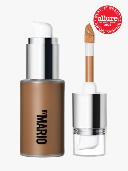 Makeup by Mario Softsculpt Multi-Use Bronzing & Shaping Serum in branded clear bottle with white and silver pump and doe foot applicator on light gray background with red Allure Best of Beauty seal in the top right corner