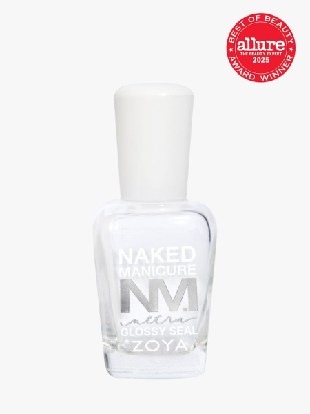 Zoya Ultra Glossy Seal Top Coat in branded glass bottle with white cap on light gray background with red Allure Best of Beauty seal in the top right corner