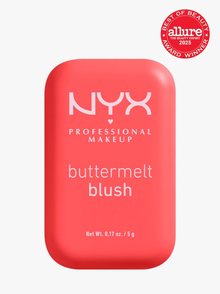 NYX Professional Makeup Buttermelt Blush in branded coral packaging on light gray background with red Allure Best of Beauty seal in the top right corner