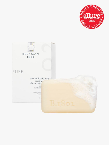Beekman 1802 Pure Fragrance Free Goat Milk Soap pale yellow body wash bar and white box on light gray background with red Allure Best of Beauty seal in the top right corner