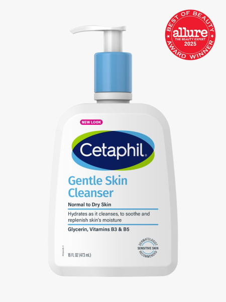 Cetaphil Gentle Skin Cleanser in branded white bottle with white and blue pump on light gray background with red Allure Best of Beauty seal in the top right corner