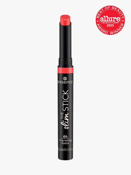essence Makeup The Slim Stick Lipstick slim black tube of poppy red lipstick on light gray background with red Allure Best of Beauty seal in the top right corner