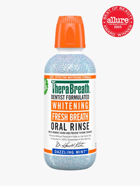 TheraBreath Whitening Fresh Breath Oral Rinse in branded bottle with orange cap on light gray background with red Allure Best of Beauty seal in the top right corner