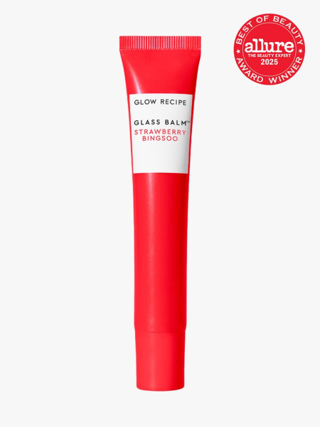 Glass Balm Lip Treatment in branded hot pink tube with cap on light gray background with red Allure Best of Beauty seal in the top right corner