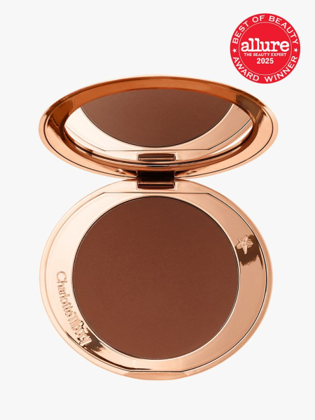 Charlotte Tilbury Airbrush Matte Bronzer in branded rose gold compact on light gray background with red Allure Best of Beauty seal in the top right corner