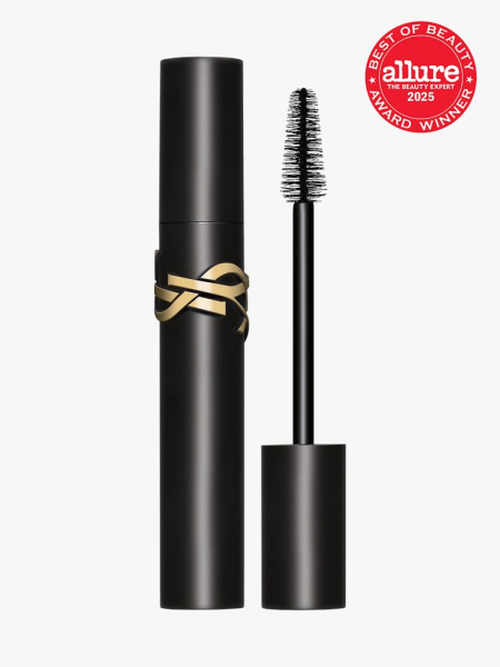 YSL Beauty Lash Clash Extreme Volume Mascara in branded black tube next to brush applicator cap on light gray background with red Allure Best of Beauty seal in the top right corner