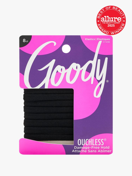 Ouchless Seamless Hair Ties in branded purple packaging on light gray background with red Allure Best of Beauty seal in the top right corner