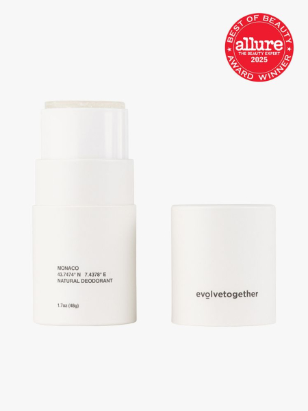 Evolvetogether Deodorant in twist up stick applicator on light gray background with red Allure Best of Beauty seal in the top right corner