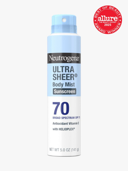 Neutrogena Ultra Sheer Body Mist Sunscreen Broad Spectrum SPF 70 in branded white and blue spray bottle on light gray background with red Allure Best of Beauty seal in the top right corner