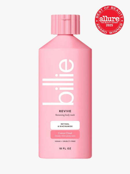 Billie Body Wash in branded pink bottle with cap on light gray background with red Allure Best of Beauty seal in the top right corner