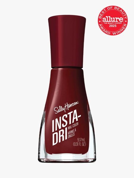Sally Hansen Insta-Dri Nail Polish bottle of burgundy nail polish on light gray background with red Allure Best of Beauty seal in the top right corner