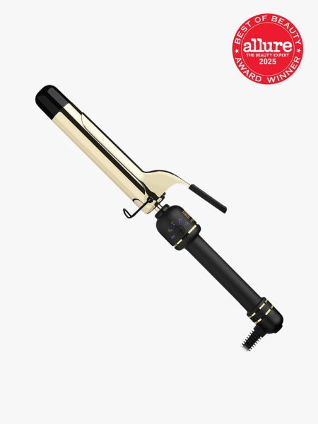 Hot Tools Pro Artist 24K Gold Collection Extended Barrel Curling Iron in branded black and gold color way on light gray background with red Allure Best of Beauty seal in the top right corner