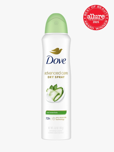 Dove Advanced Care Antiperspirant Deodorant Spray in branded white bottle with green cap on light gray background with red Allure Best of Beauty seal in the top right corner