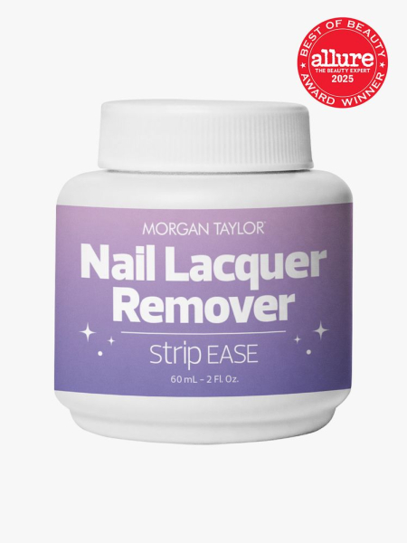 Morgan Taylor Strip Ease Nail Lacquer Remover in branded white jar with cap on light gray background with red Allure Best of Beauty seal in the top right corner