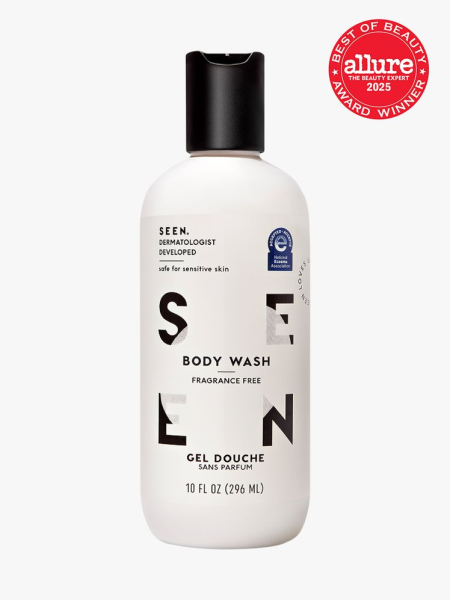 SEEN Body Wash in branded white bottle with black cap on light gray background with red Allure Best of Beauty seal in the top right corner