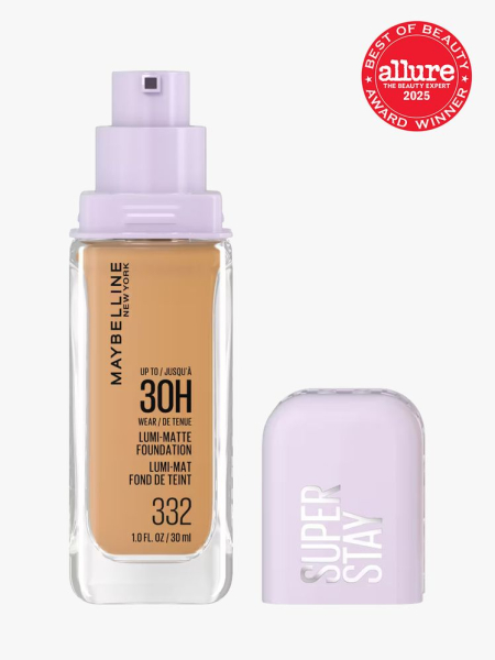 Maybelline New York Super Stay Lumi Matte Foundation in branded clear bottle with purple pump and cap on light gray background with red Allure Best of Beauty seal in the top right corner