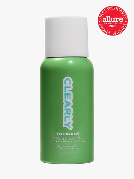 Topicals Clearly Clarifying & Calming Mist for Acne-Prone Skin in branded green bottle with white cap on light gray background with red Allure Best of Beauty seal in the top right corner