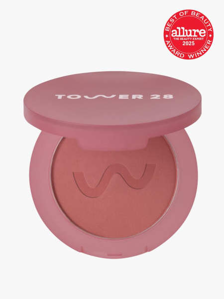Tower 28 GetSet Matte Powder Blush in branded muted mauve compact on light gray background with red Allure Best of Beauty seal in the top right corner
