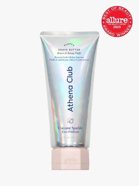 Athena Club Fluffy Shave Butter in branded holographic tube with tan cap on light gray background with red Allure Best of Beauty seal in the top right corner