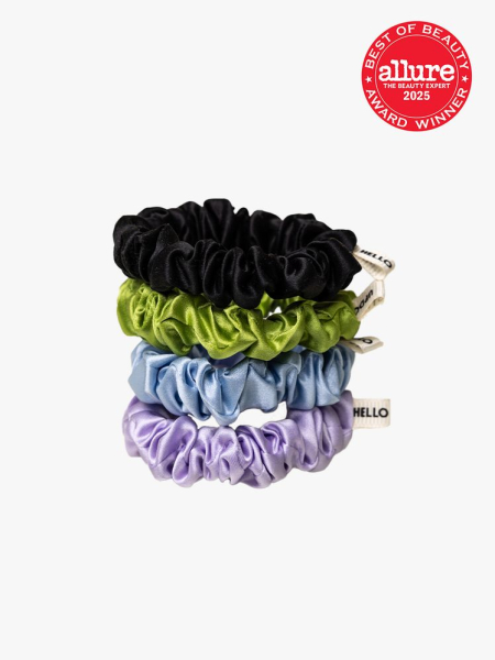 Hello Updo Floral Silk Scrunchies 225 stack of four silk scrunchies on light gray background with red Allure Best of Beauty seal in the top right corner