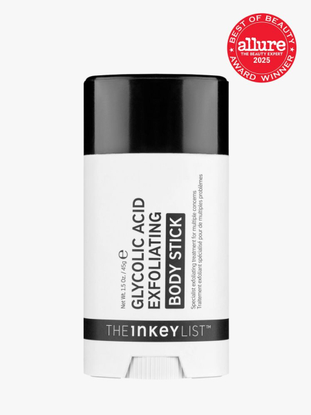 The INKEY List Glycolic Acid Exfoliating Body Stick in branded white and black twist up applicator on light gray background with red Allure Best of Beauty seal in the top right corner