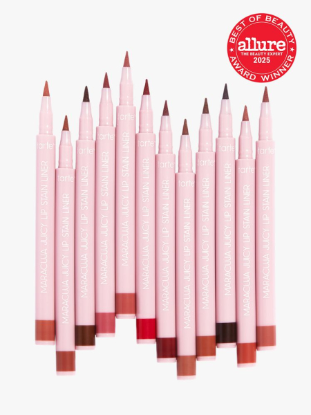 Tarte Maracuja Juicy Lip Stain Liners in branded pink pen style applicators on light gray background with red Allure Best of Beauty seal in the top right corner