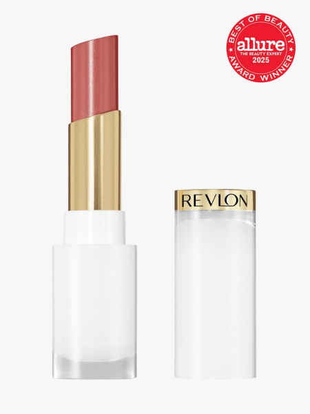 Revlon Super Lustrous Glass Shine Balm white and gold tube of lipstick balm with cap to the side on light gray background with red Allure Best of Beauty seal in the top right corner