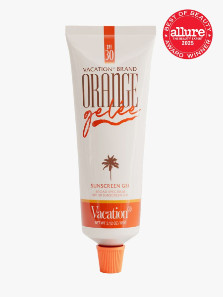 Orange Gelée SPF 30 in branded orange and taupe tube with orange cap on light gray background with red Allure Best of Beauty seal in the top right corner