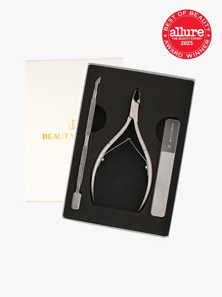 Beauty Power Cuticle Care Set in branded box packaging on light gray background with red Allure Best of Beauty seal in the top right corner