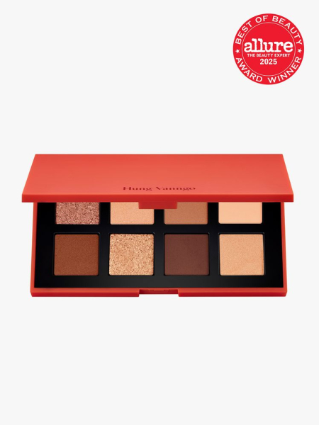 Hung Vanngo Color Story Eyeshadow Palettes red palette of eight neutral eye shadows on light gray background with red Allure Best of Beauty Award seal in the top right corner