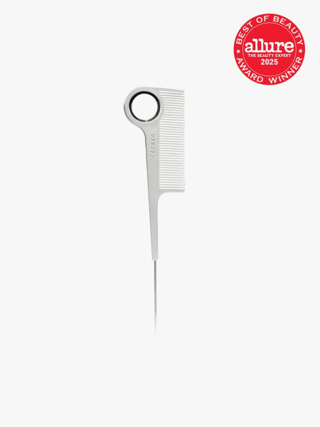Cécred Parting Tail Comb in silver and black color way on light gray background with red Allure Best of Beauty seal in the top right corner