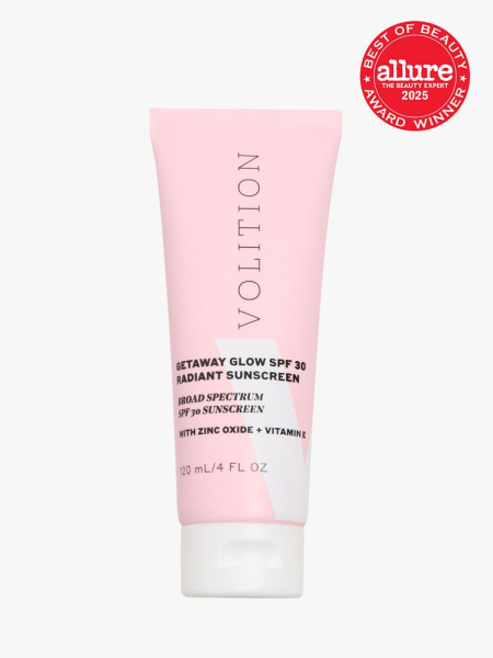 Getaway Glow SPF 30 Radiant Sunscreen in branded pink tube with white cap on light gray background with red Allure Best of Beauty seal in the top right corner