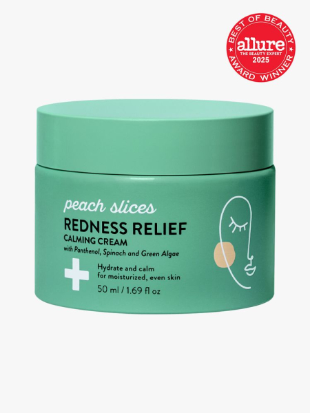 Peach Slices Redness Relief Calming Cream in branded green jar with twist cap on light gray background with red Allure Best of Beauty seal in the top right corner