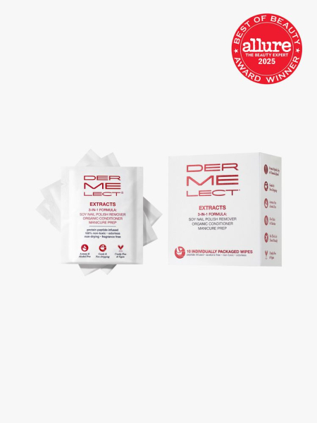 Dermelect Extracts 3-in-1 Soy Nail Polish Remover in branded individual wipes next to box packaging on light gray background with red Allure Best of Beauty seal in the top right corner