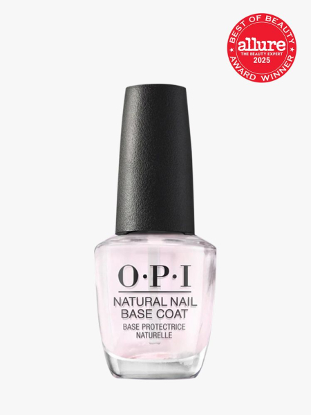 OPI Natural Nail Base Coat in clear glass bottle with black cap on light gray background with red Allure Best of Beauty seal in the top right corner