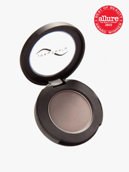 Joey Healy Luxe Brow Powder round compact of brow powder on light gray background with red Allure Best of Beauty seal in the top right corner