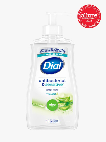 Dial Antibacterial Aloe Scent Liquid Hand Soap in branded clear bottle with white pump on light gray background with red Allure Best of Beauty seal in the top right corner