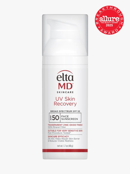 UV Skin Recovery Broad-Spectrum SPF 50 in branded white bottle with white pump on light gray background with red Allure Best of Beauty seal in the top right corner