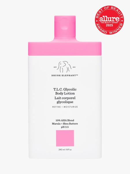 Drunk Elephant T.L.C. Glycolic Body Lotion in branded white and pink bottle on light gray background with red Allure Best of Beauty seal in the top right corner